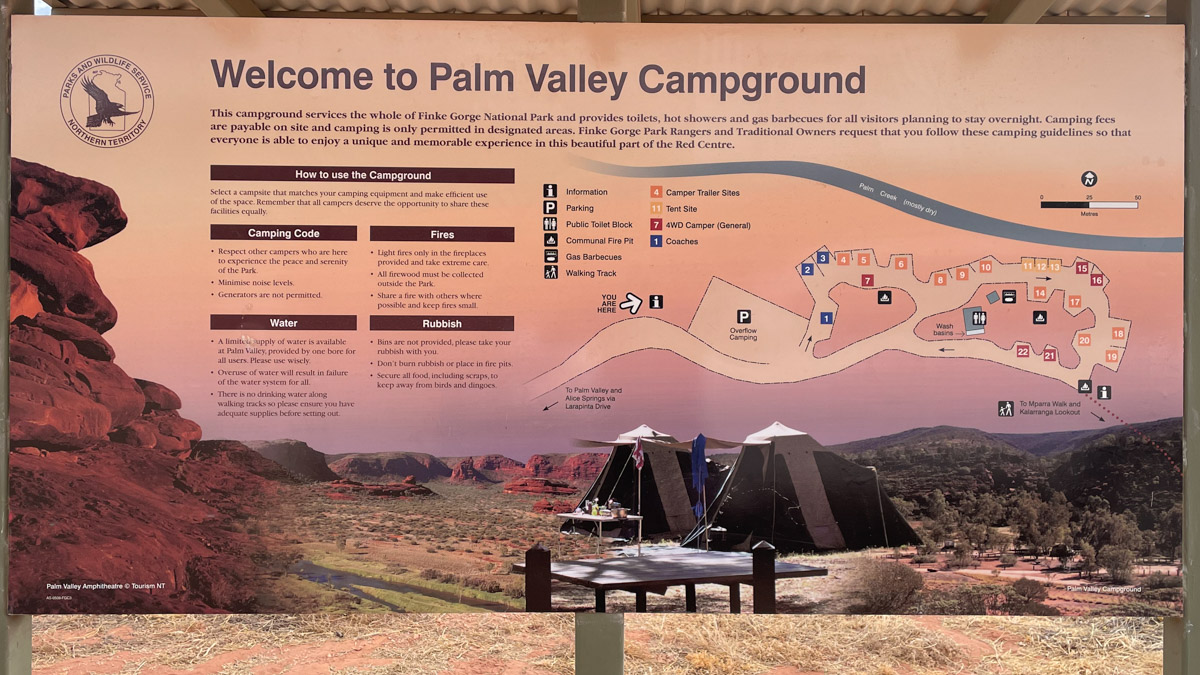 Palm Valley Campsite signage
